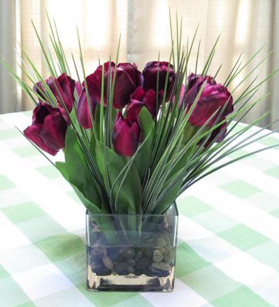 Tulips in Large Cube Burgundy